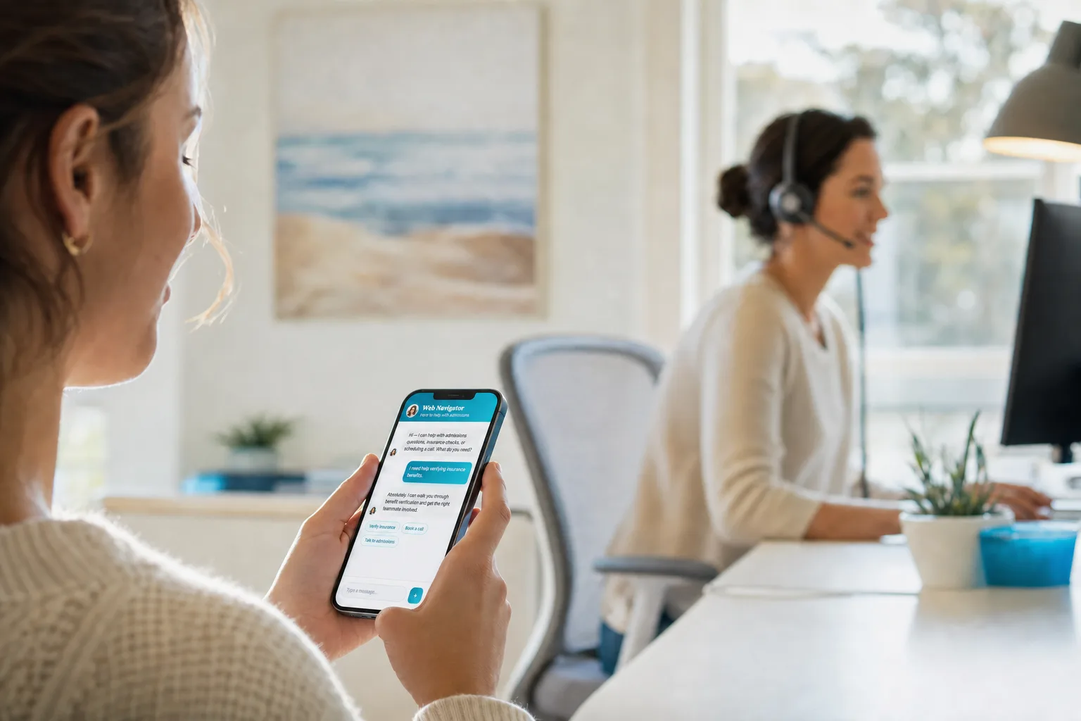 A web chat visitor being connected to a human rep